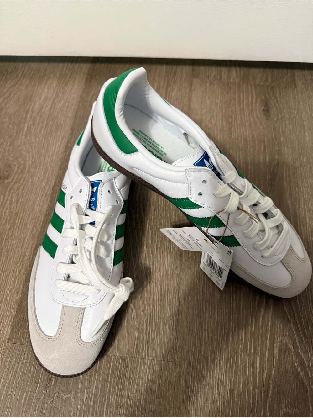 adidas White Sneakers with Green Stripes and Brown Outsole